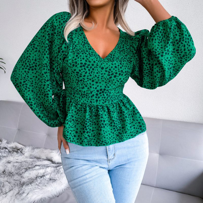 Lantern Long Sleeve Casual Leopard Print Chiffon Shirt Top Women Clothing Spring Summer