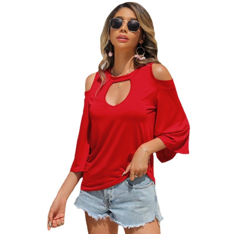 Summer Women Clothing round Neck Pullover off-the-Shoulder Flared Sleeves Women T-shirt Shirt - Image 5