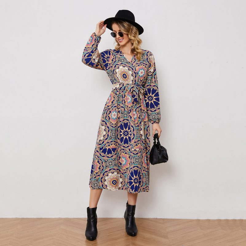 Abstract Holiday Floral Print Lace up Waist Controlled Long Sleeve Dress - Image 2