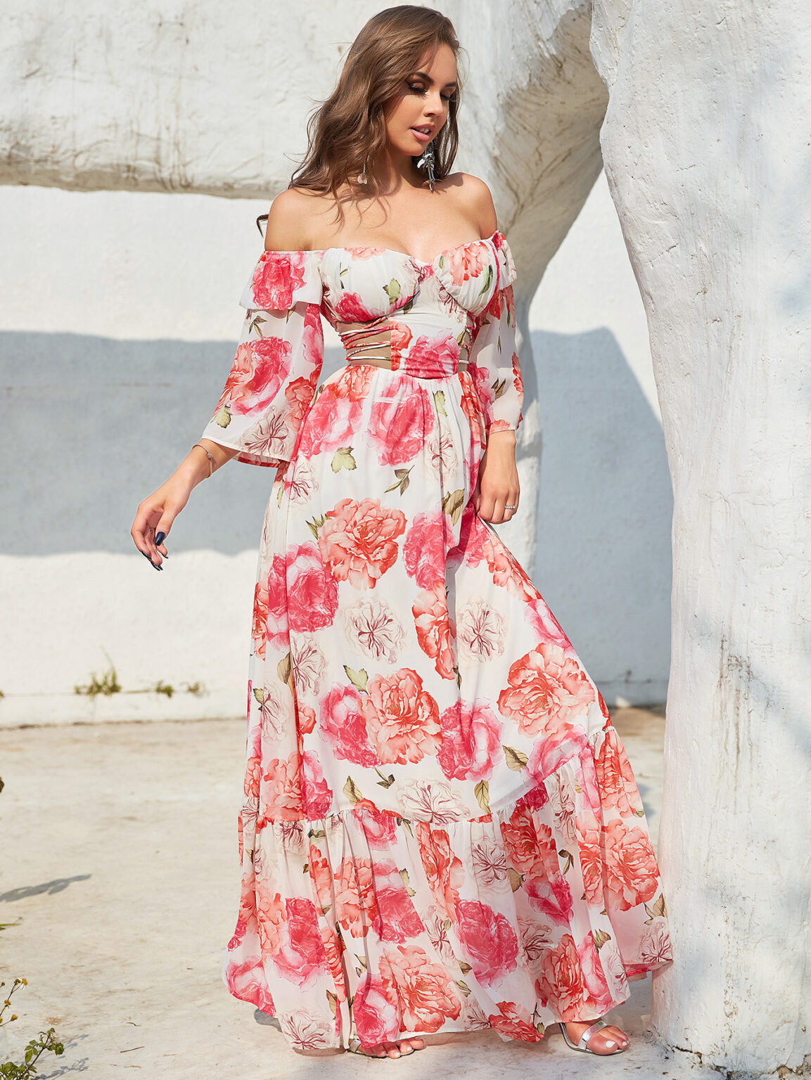 Long Sleeve Hollow Out Cutout out Drawstring Large Print Holiday Dress - Image 4