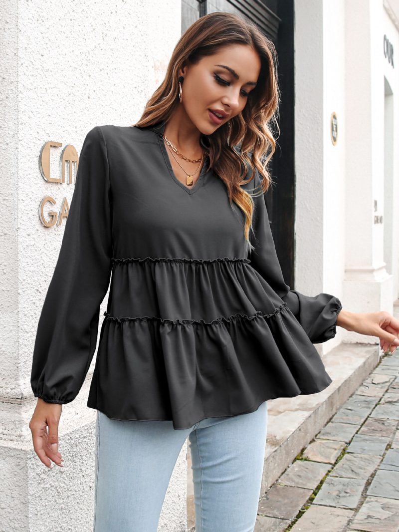 Women Clothing Autumn Winter V-neck Ruffled Loose Casual Top Chiffon Shirt - Image 3