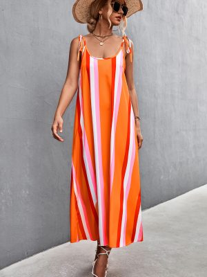 Spring Summer Sexy Backless Contrast Color Striped Spaghetti Straps Dress