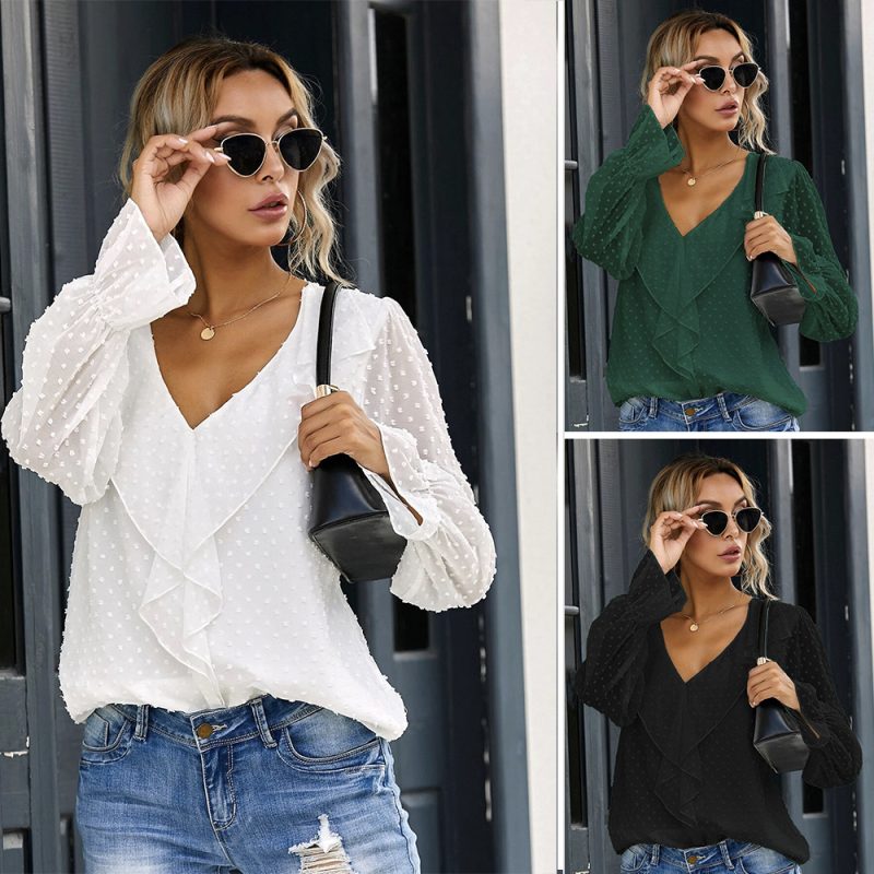 Solid Color V-neck Pullover Ruffled Lantern Sleeves Office Loose Chiffon Autumn Women Top - Image 5