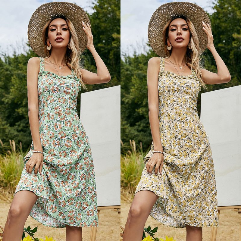 Summer Women Clothing Elegant Wooden Ear Mid-Length Strap Floral Dress for Women - Image 5