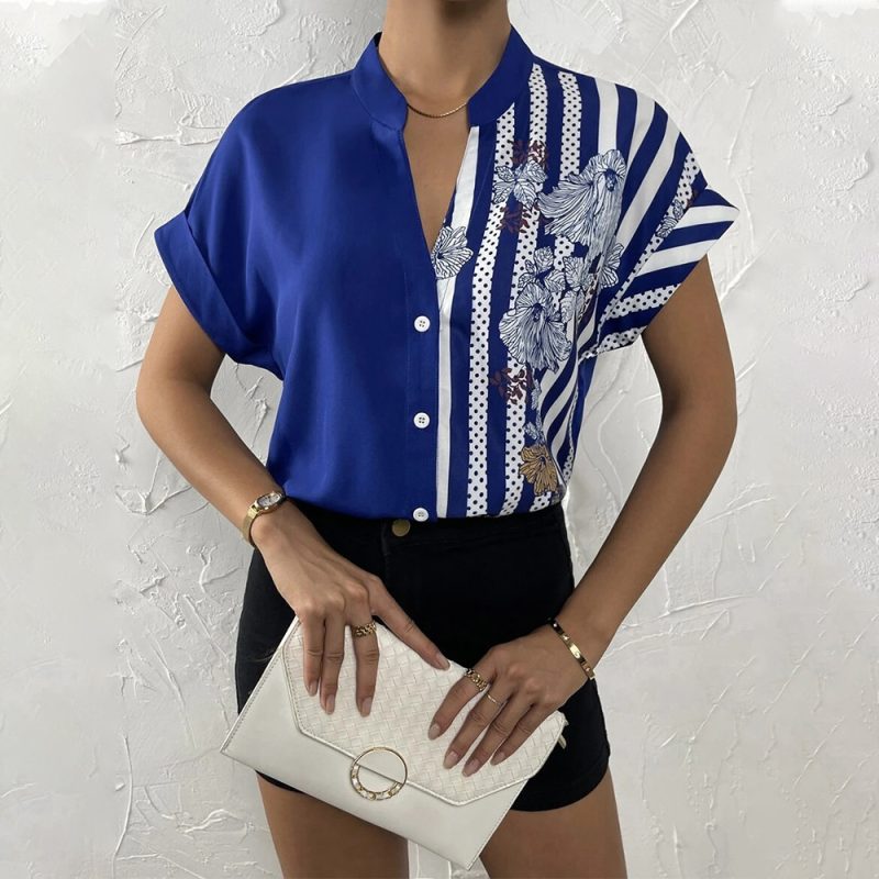 Spring Summer Women Double Striped Contrast Color Floral Button Cardigan Short Sleeve Shirt Women - Image 2