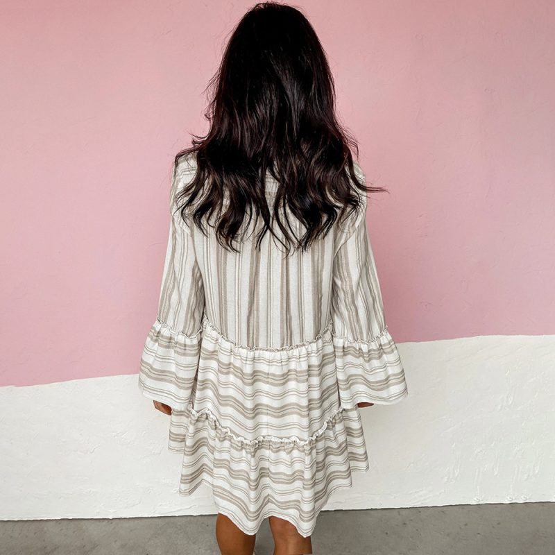 Spring Summer Women Floral Print V-neck Flared Long Sleeve Stitching Casual Swing Babydoll Dress - Image 3
