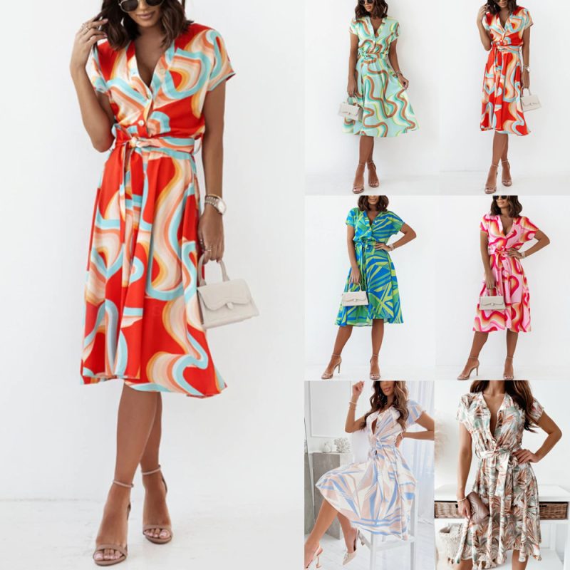 Summer Fashionable Printed Short Sleeve V neck Dress Women - Image 5