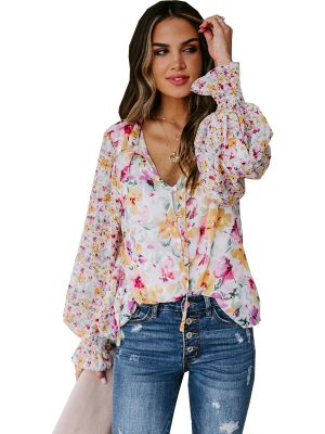 Chiffon Shirt Cardigan Spring Summer Loose Floral Pattern Lantern Sleeve Top for Women