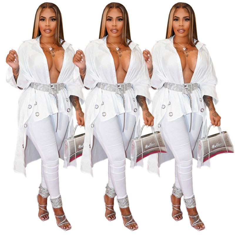 Women Clothing Nightclub Uniforms Solid Color Buttons Punch Shirt Longer in the Rear Top - Image 4