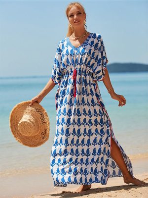 Rayon Positioning Printing Beach Cover-up Vacation Maxi Dress Sun Protection Shirt Beach Cover Up