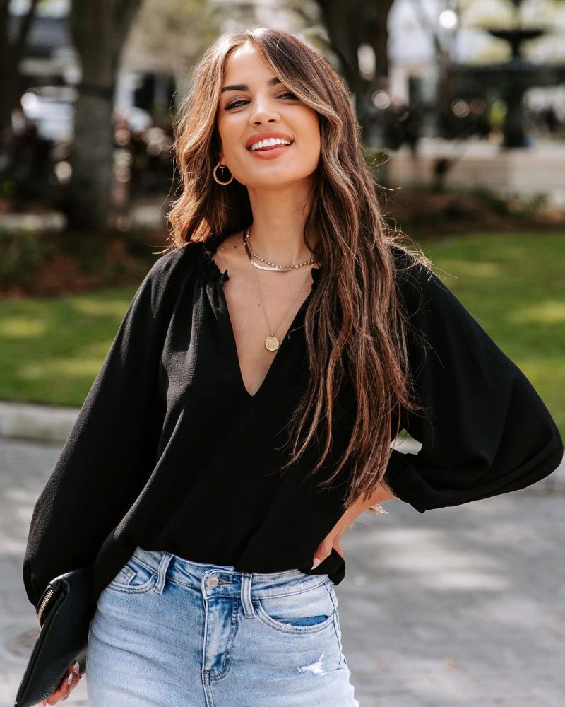 Spring Autumn Women Clothing Cool Long Sleeve Shirt Solid Color Comfort Casual V neck Loose Top Women Clothing - Image 2