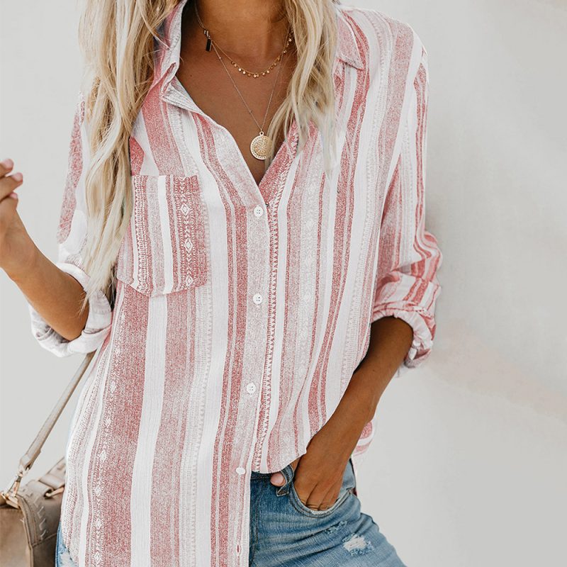 Autumn Striped Collared Long Sleeve Cardigan Single-Breasted Shirt Women - Image 3