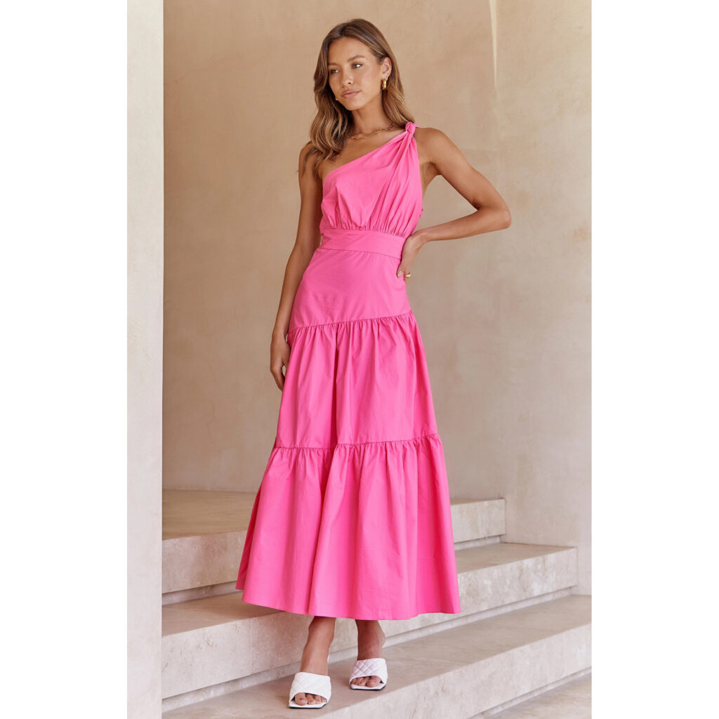 Spring Summer One-Shoulder Knotted Solid Color Fresh Long Sweet Dress - Image 3