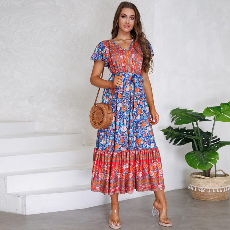 Women Clothing Summer V neck Ruffle Sleeve Floral Print Maxi Dress - Image 2