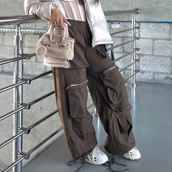 Street Large Loose Pockets Zipper Woven Pants Elastic Waist Drawstring Pants Foot Workwear Casual Trousers - Image 4