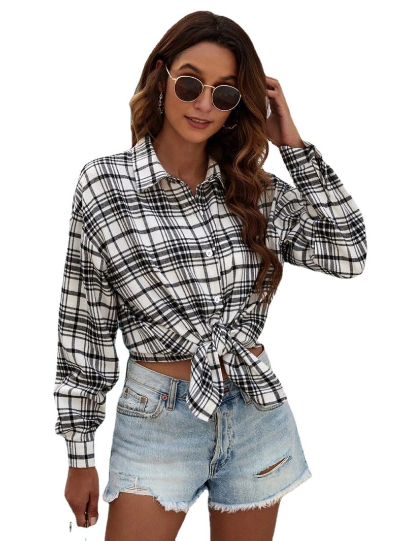 Autumn Office Pullover Collared Loose Women Plaid Shirt - Image 4