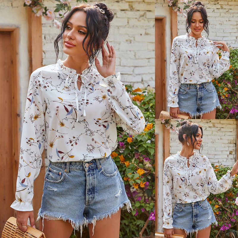 Women Clothing  Spring Autumn Long Sleeve Small Floral Tie-Neck Printed Top - Image 5
