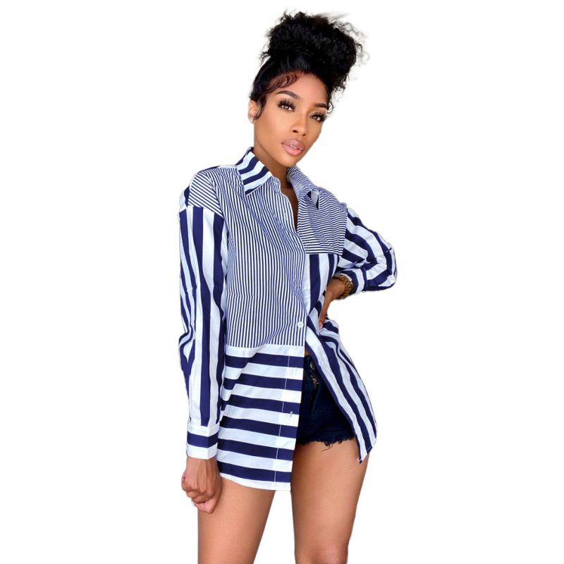 Autumn New  Women  Clothing Fashion Ladies Striped Printing Loose Shirt - Image 4