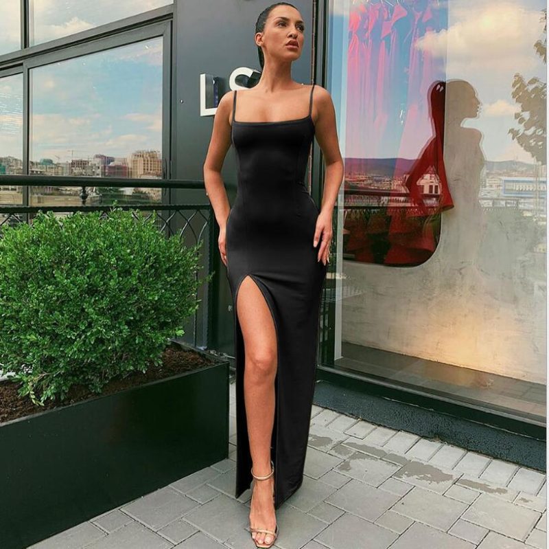 Summer New Women Strap off-Neck Slim Fit Backless Sexy Slit Dress Maxi Dress - Image 3