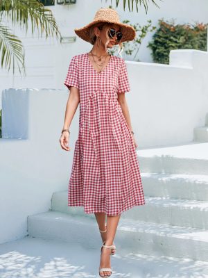 Spring Summer Popular Sexy V neck Short Sleeve Pleated Plaid Maxi Dress