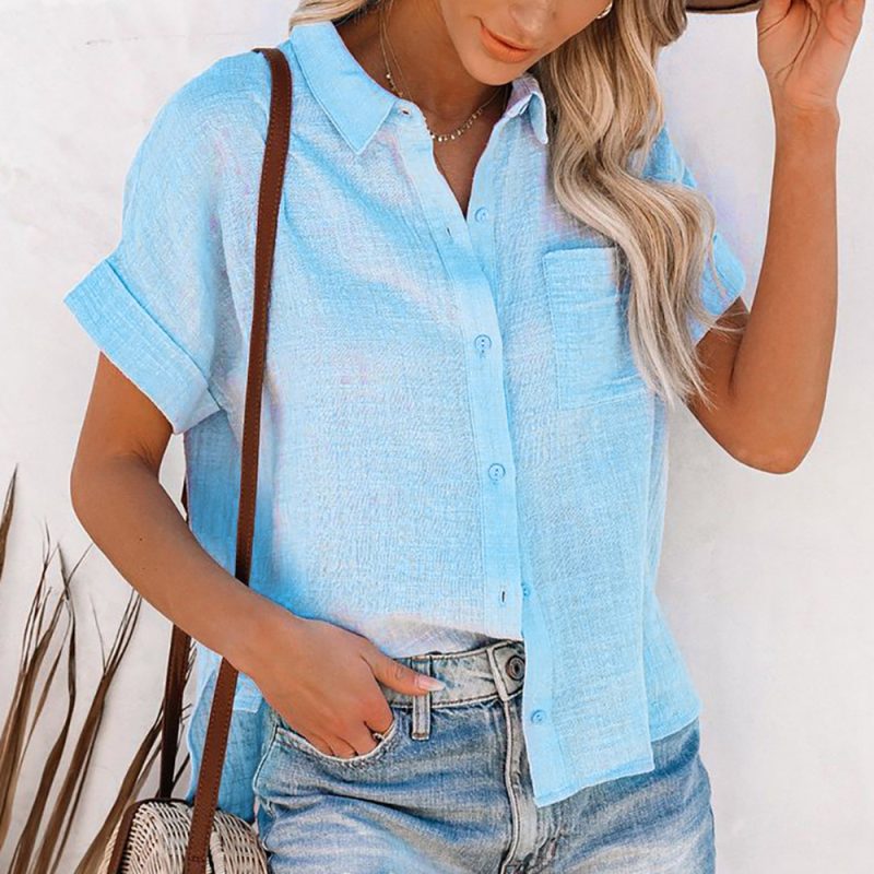 Summer Polo Collar Solid Color Short Sleeve Casual Women Cotton Linen Shirt Top Women Clothing - Image 2
