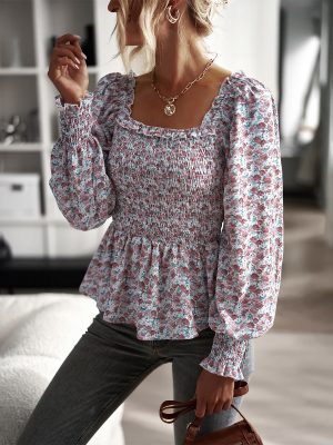 Square Collar Long Sleeve Shirt Spring Autumn Four Seasons Top Casual Women