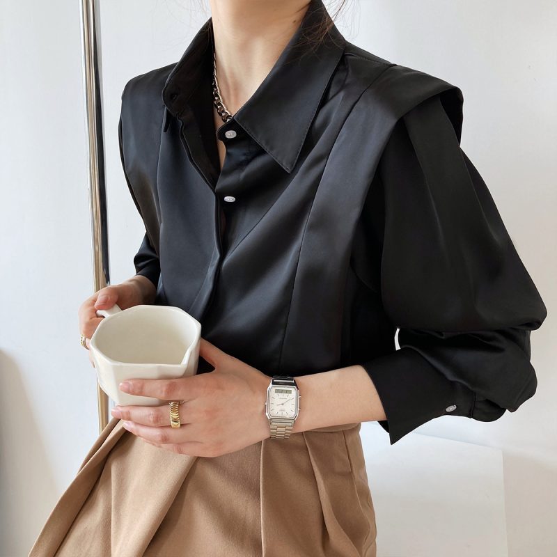 Ruffled Satin Shirt Women Spring Fall Court Long Sleeve French Young Niche Shirt - Image 2