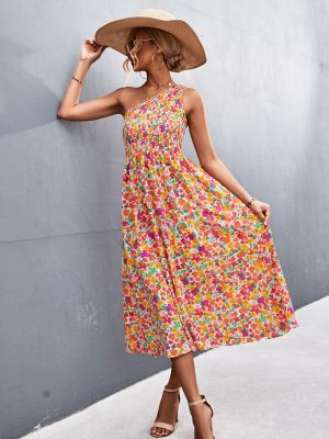 Spring Summer New Sexy Oblique Shoulder Smocking Floral Print Dress Women