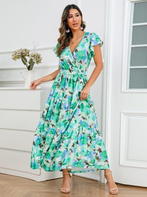 Summer Women Clothing V neck Ruffle Dress Bohemian Printed Maxi Dress