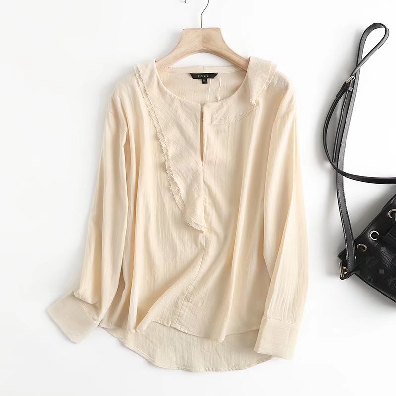 Beige Pleated Crew Neck Shirt