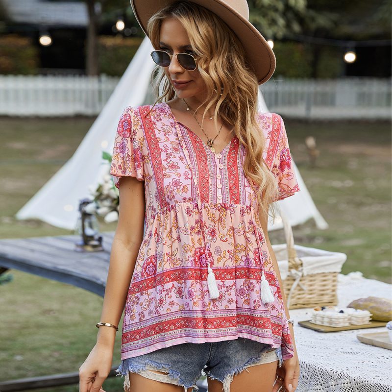 Bohemian Women Wear T-shirt Spring Summer Casual Vacation Babydoll Top - Image 3