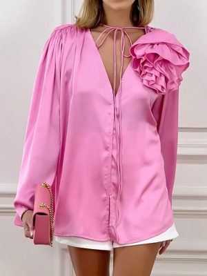 Spring Design Detachable Pink Bow Tie Shirt Women Mid Length Niche Long Sleeve Shirt Bandage Dress