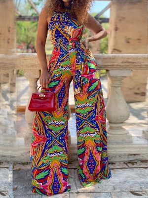 Women Clothing Summer Loose Sleeveless Printed Trousers Jumpsuit