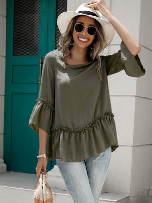 Spring Summer Women Clothing round Neck Pullover Solid Color Patchwork Ruffled T shirt Babydoll Top Women