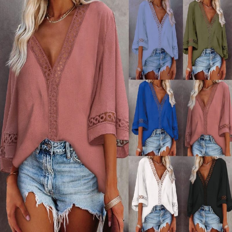 V-neck Hollow Out Cutout Lace Loose Shirt Women Clothing - Image 5