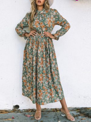 Green Pleated Long Sleeved Floral Dress with Tie Waist Trimming Dress