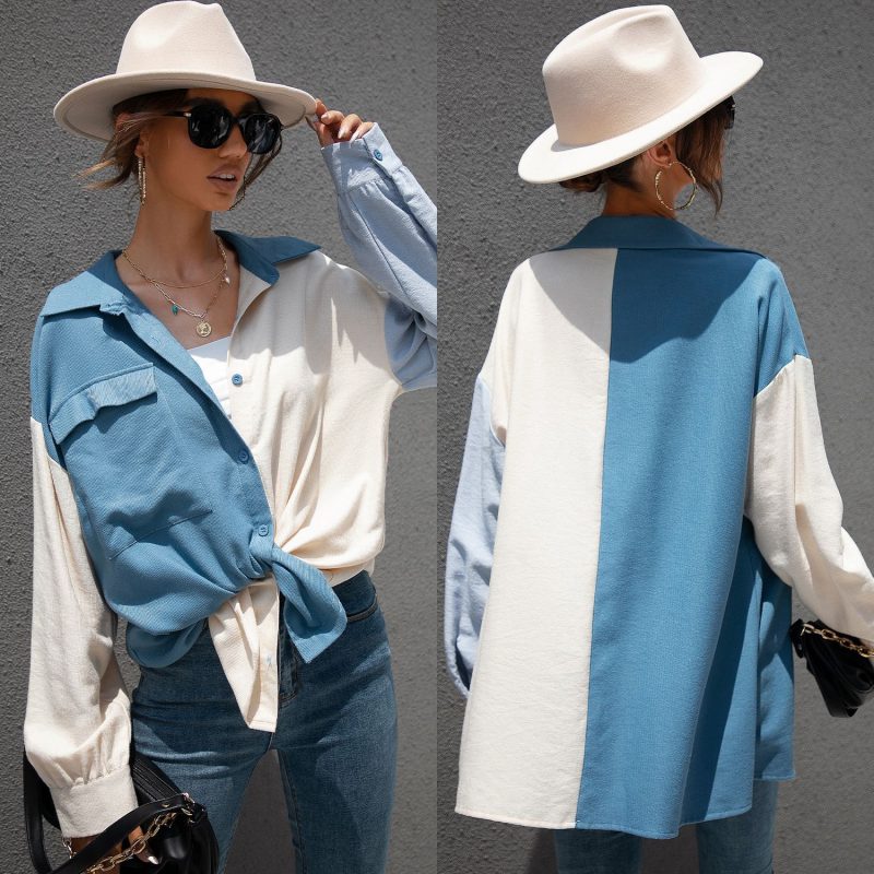 Summer Spring New  Color Block Stitching Shirt for Women - Image 5