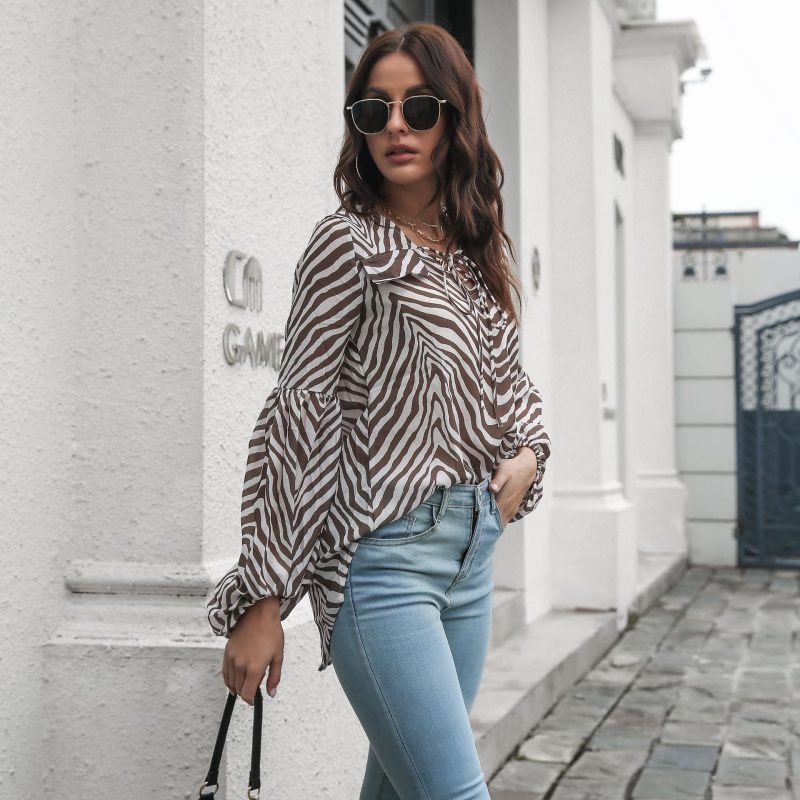 Casual Lantern Sleeve V-neck Lace-up Long-Sleeve Women Top Spring Summer Loose Mid-Length Chiffon Shirt - Image 3