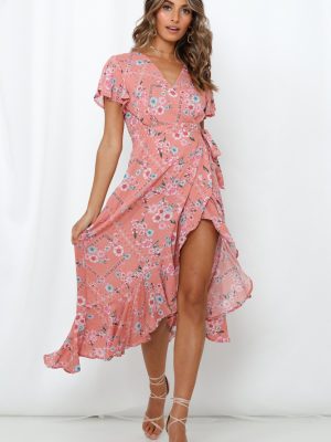 Spring Summer Women Sexy V Neck Printed Ruffle Sleeve Dress Vacation