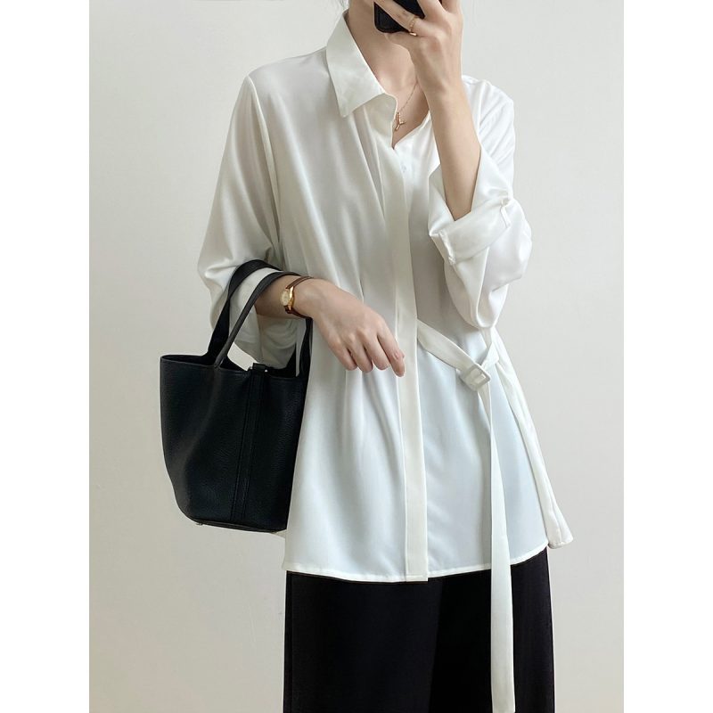 Autumn Design Long Sleeved Shirt for Women Spring Loose Slimming Lace up Draping Shirt - Image 3