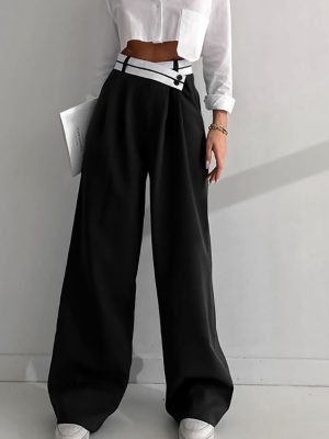 Spring Summer Office Contrast Color Work Pant Women  Casual Draping Mopping Pants Wide Leg Pants Design Women  Clothing