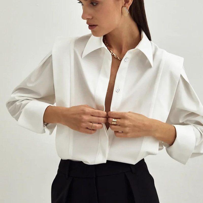 Spring New Right Angle Shoulder White Shirt Women Office Dignified Sense of Design Niche Long Sleeve Shirt - Image 3