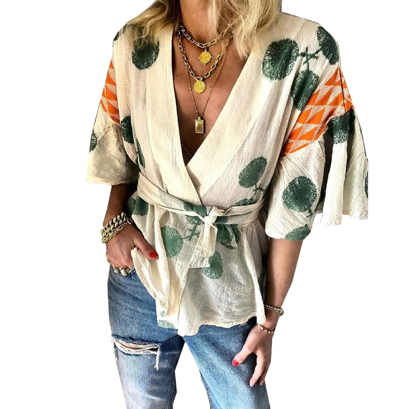 Women Wear V-neck Loose Short-Sleeved Lace-up Chiffon Shirt Top for Women - Image 5