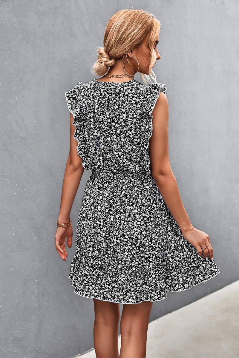 Spring Summer V-neck Buttons Ruffle Sleeve Waist Dress Short - Image 4