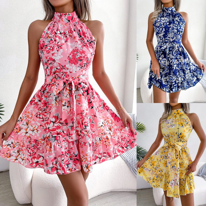 Spring Summer New Elegant Tied Ruffled Large Swing Floral Dress Women Clothing Tiered Dress - Image 5