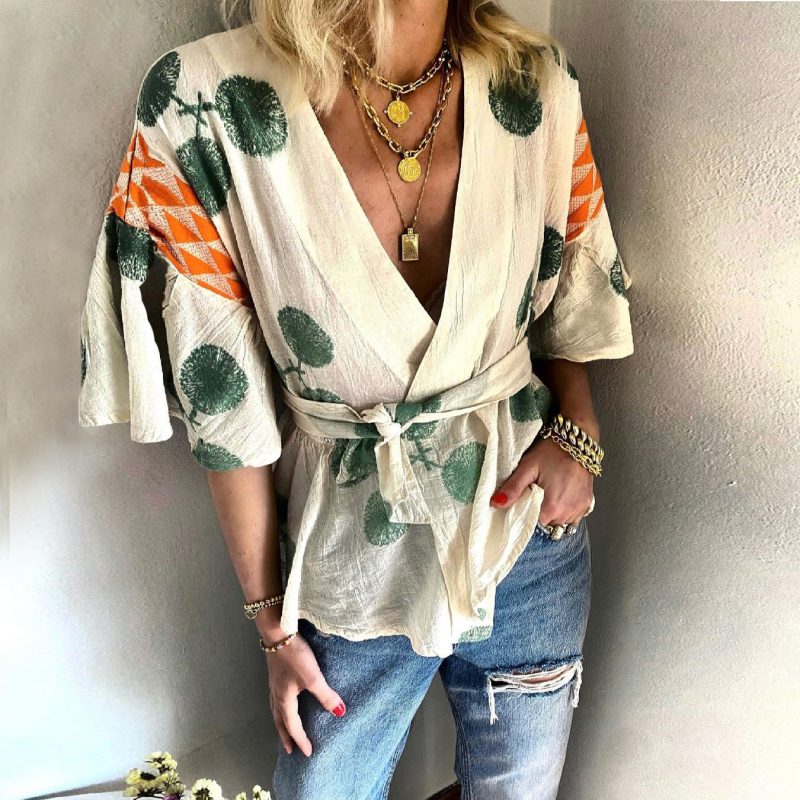 Women Wear V-neck Loose Short-Sleeved Lace-up Chiffon Shirt Top for Women - Image 4