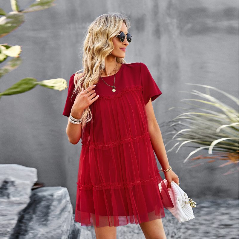 Mesh Stitching Ruffle Dress Summer Elegant round Neck Solid Color - Image 2