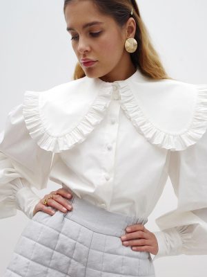 French Palace Doll Collar White Cotton Shirt Women Spring Fungus Long Sleeve Shirt