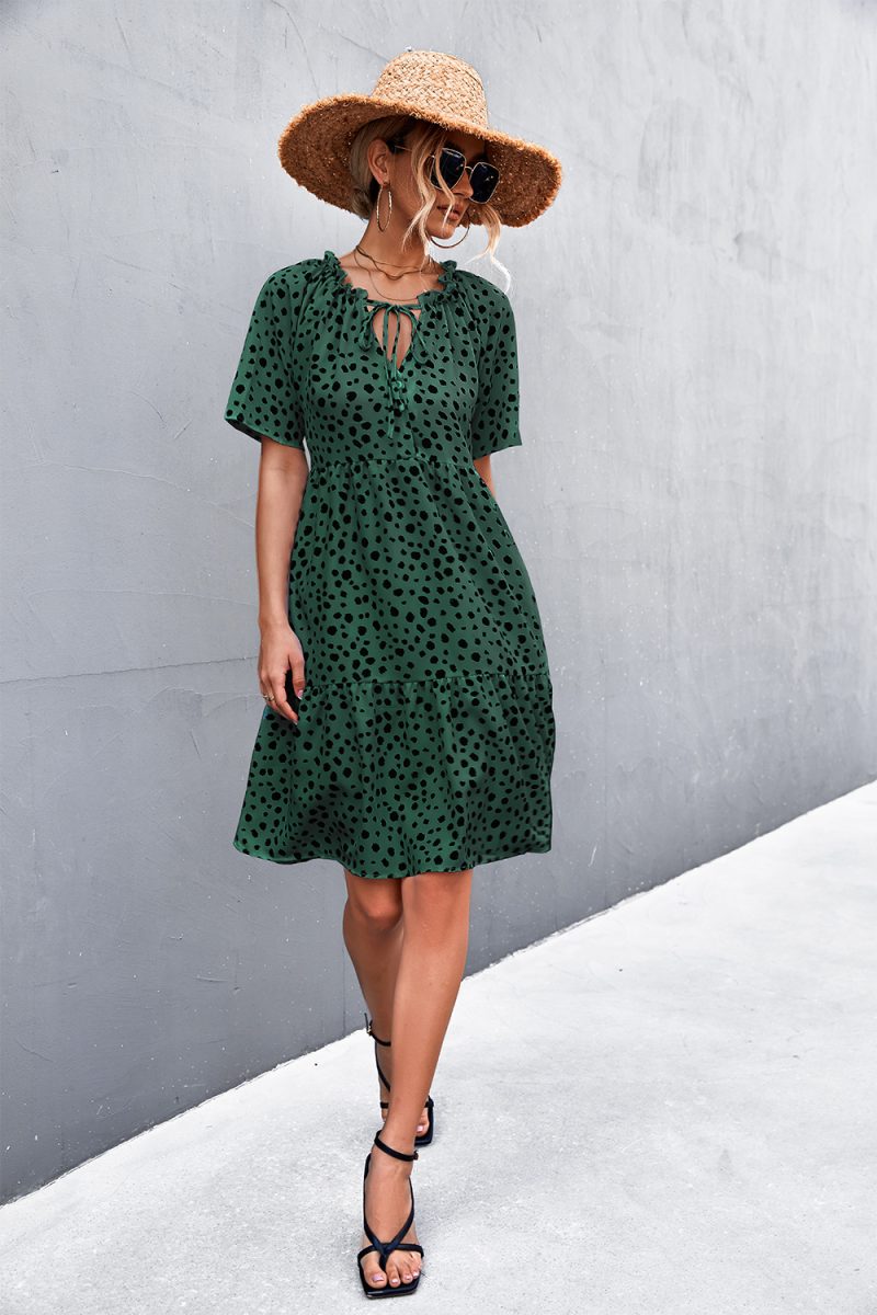 Spring Summer Ruffled V neck Lace up Dot Dress - Image 4