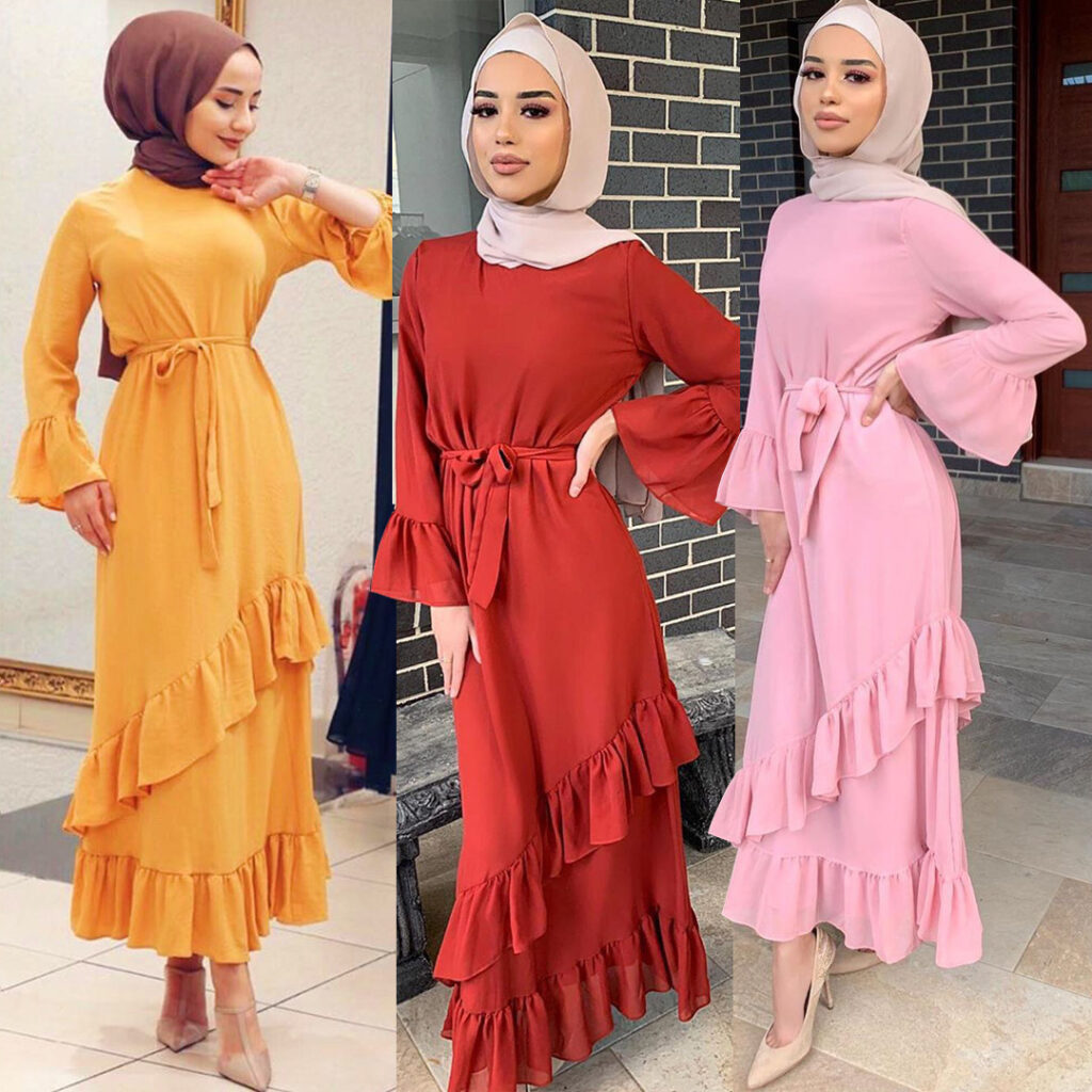 Women Muslim Ethnic Maxi Dress Ruffled Patchwork Flared Sleeves Dress - Image 4